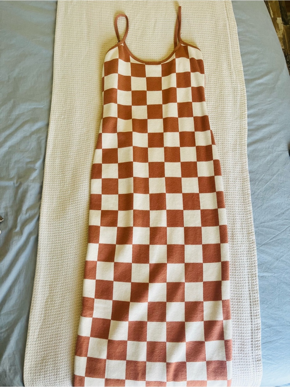Amazon Women's Maxi Dress Rust and Cream Checkerboard